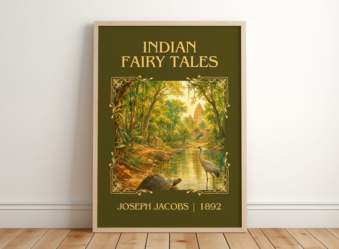 Indian Fairy Tales Classic Book Art Print by Joseph Jacobs – framed print leaning on a wooden floor