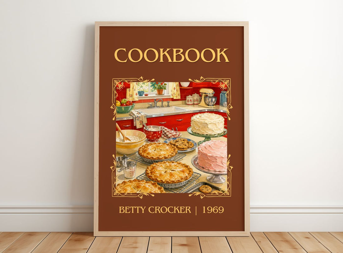 Cookbook Classic Book Art Print by Betty Crocker – framed print leaning on a wooden floor