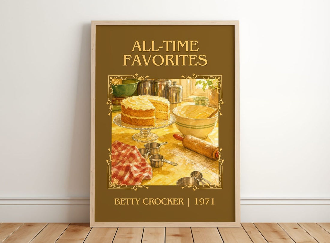 All-time favorites Classic Book Art Print by Betty Crocker – framed print leaning on a wooden floor