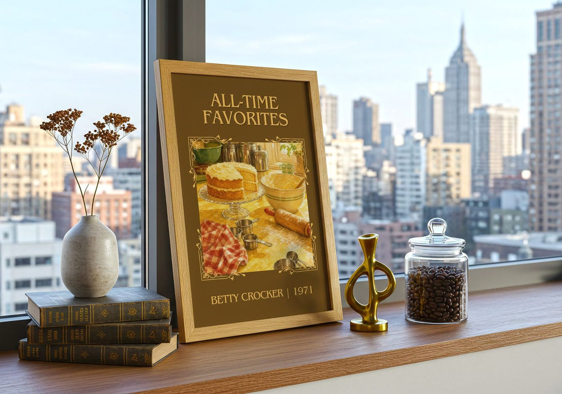 All-time favorites Classic Book Art Print by Betty Crocker – framed print on a city-view windowsill