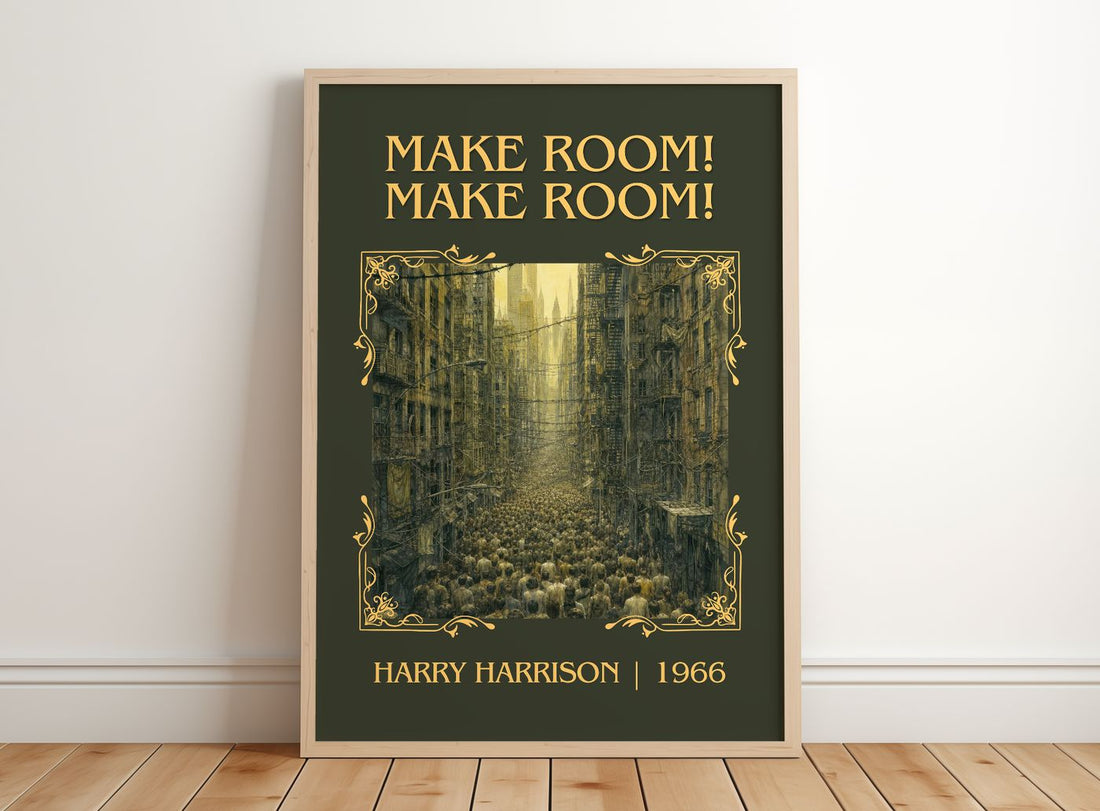 Make Room! Make Room! Classic Book Art Print by Harry Harrison – framed print leaning on a wooden floor