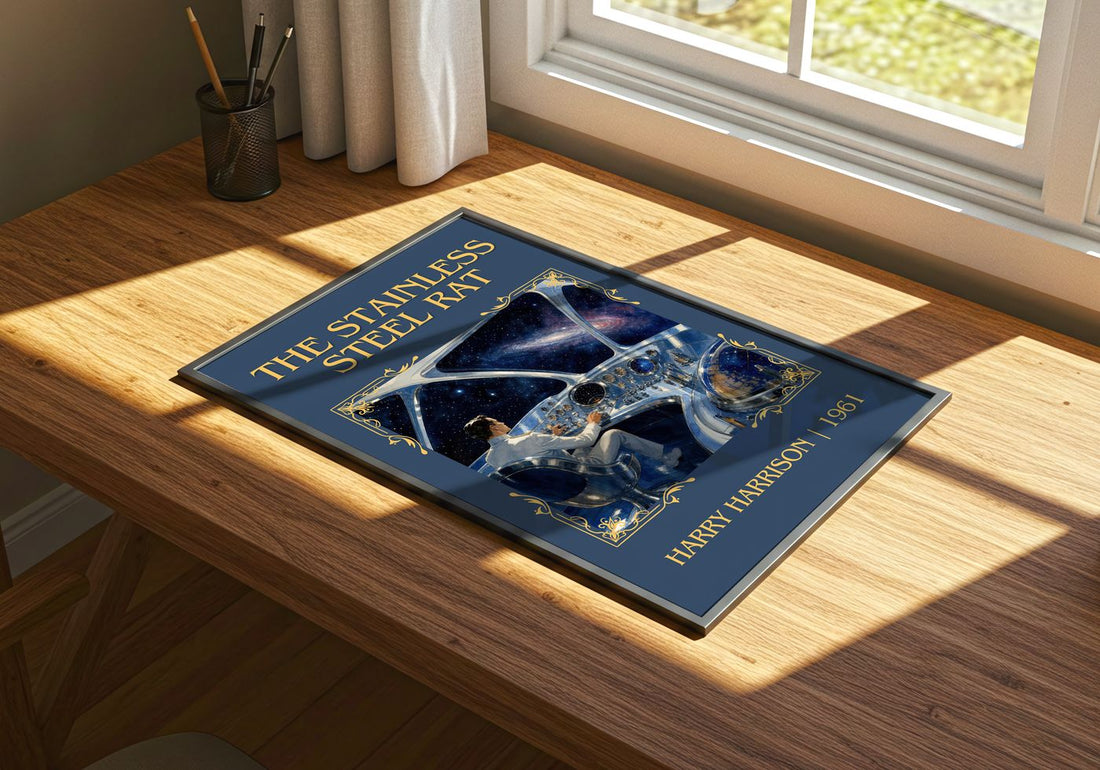 The Stainless Steel Rat Classic Book Art Print by Harry Harrison – print on a sunlit desk