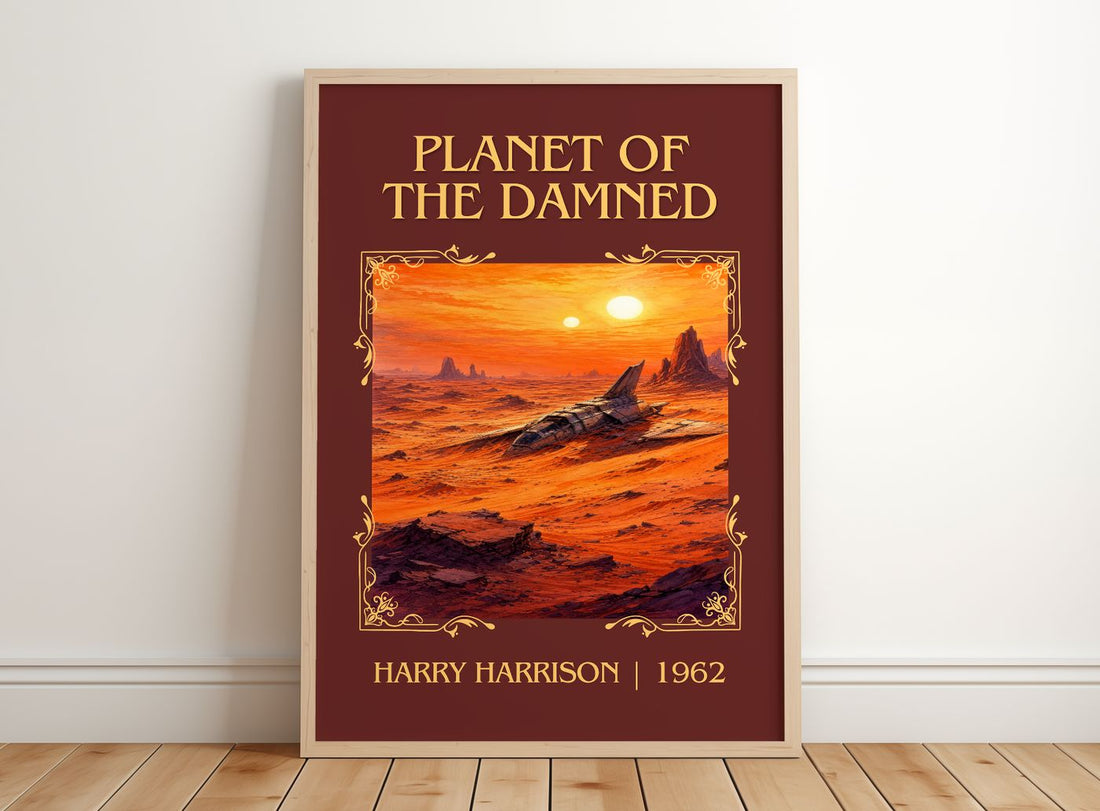 Planet of the Damned Classic Book Art Print by Harry Harrison – framed print leaning on a wooden floor