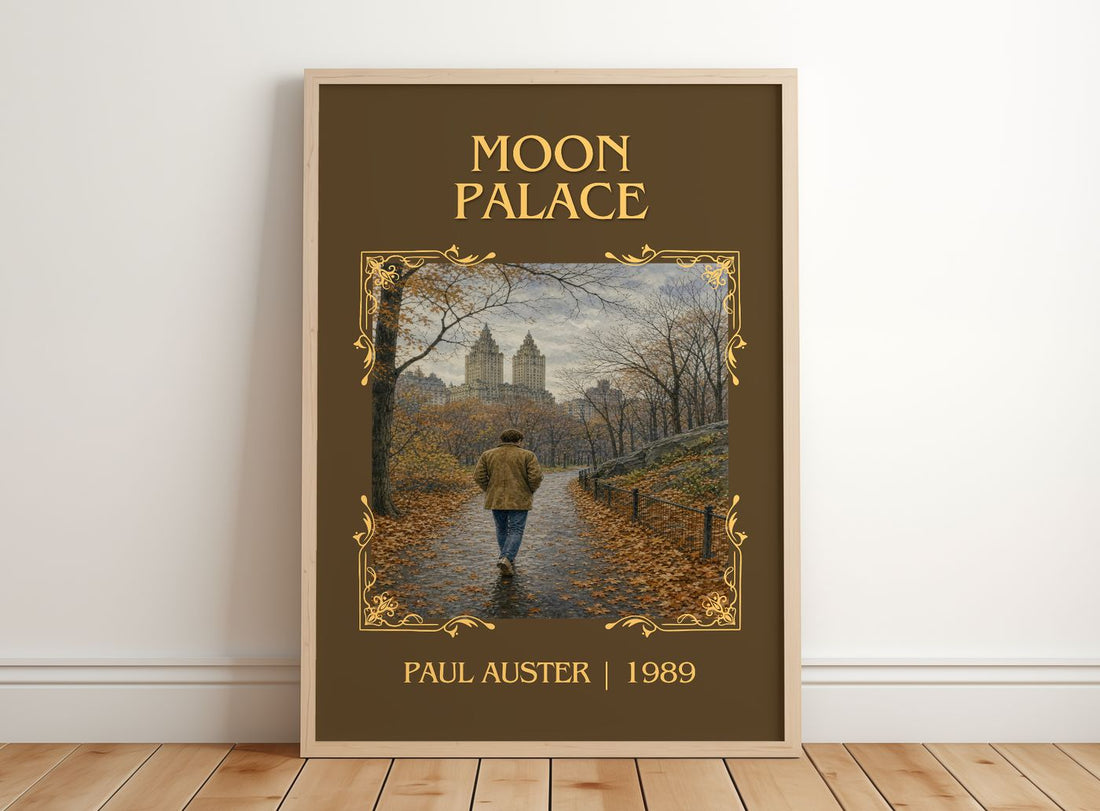 Moon Palace Classic Book Art Print by Paul Auster – framed print leaning on a wooden floor