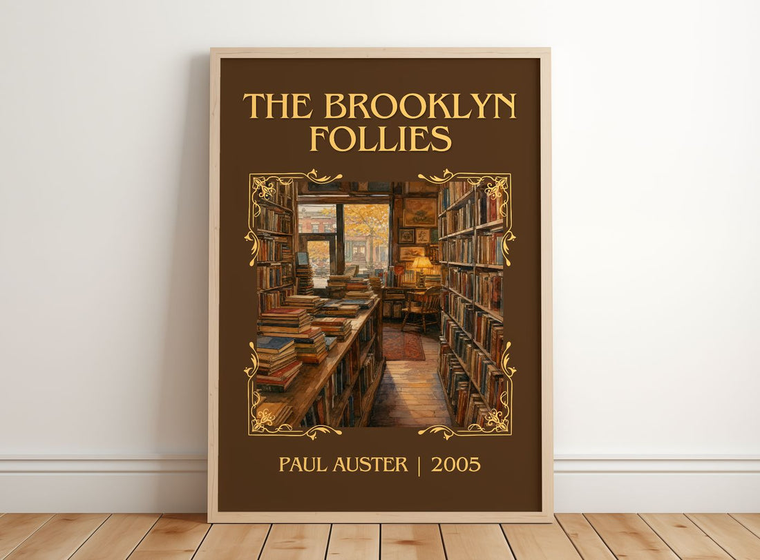 The Brooklyn Follies Classic Book Art Print by Paul Auster – framed print leaning on a wooden floor