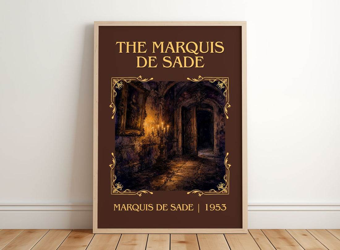 The Marquis de Sade Classic Book Art Print by Marquis de Sade – framed print leaning on a wooden floor