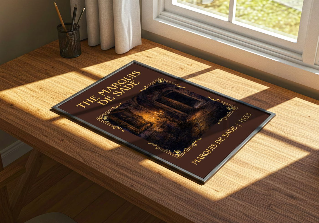 The Marquis de Sade Classic Book Art Print by Marquis de Sade – print on a sunlit desk