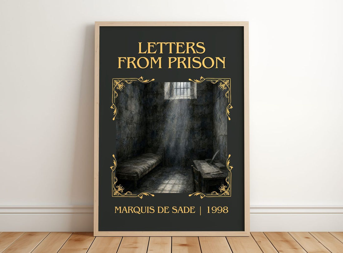 Letters from prison Classic Book Art Print by Marquis de Sade – framed print leaning on a wooden floor