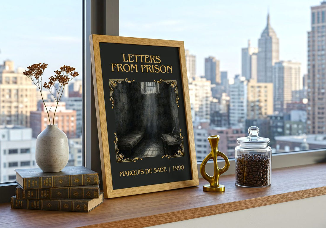 Letters from prison Classic Book Art Print by Marquis de Sade – framed print on a city-view windowsill