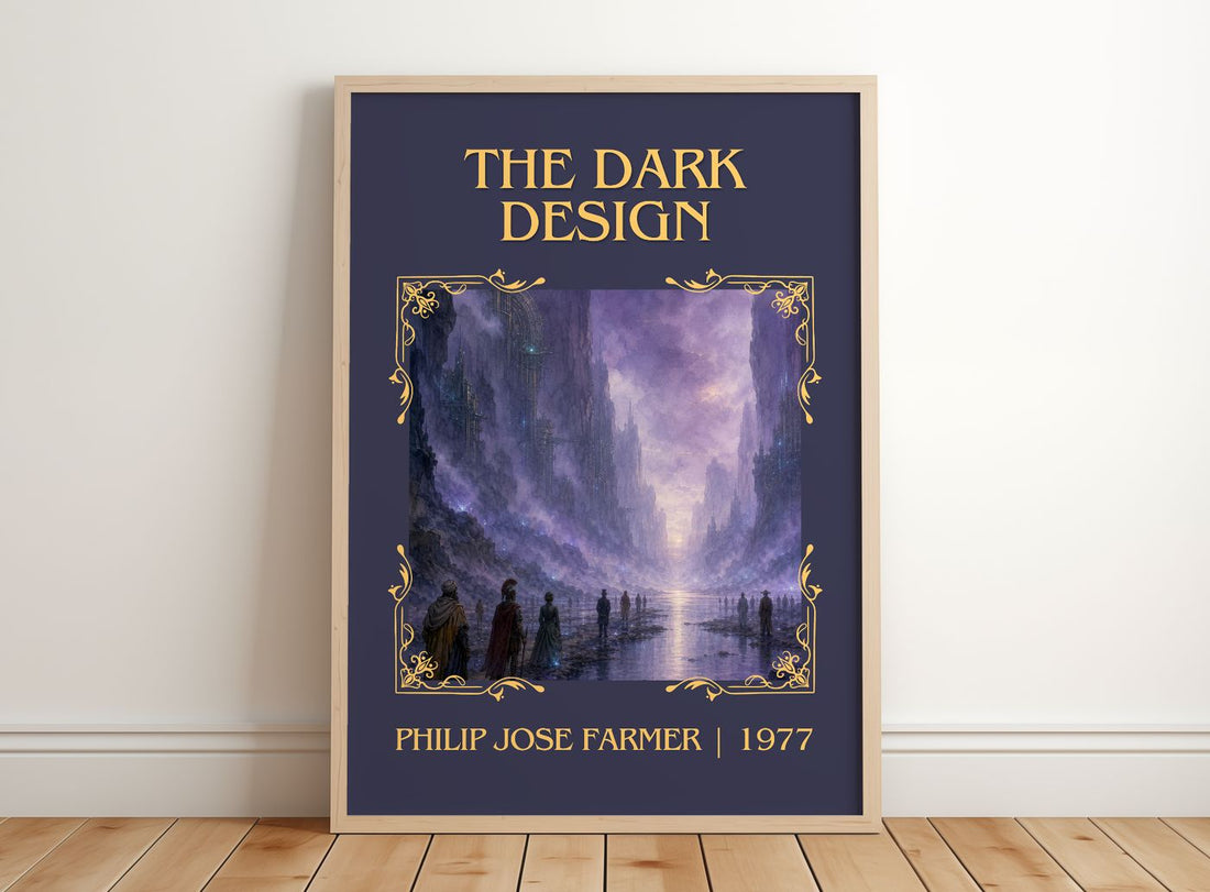 The dark design Classic Book Art Print by Philip José Farmer – framed print leaning on a wooden floor