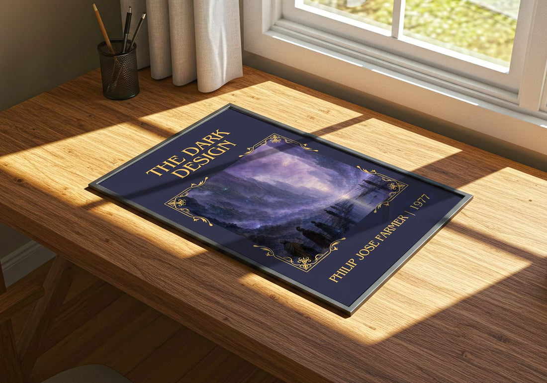 The dark design Classic Book Art Print by Philip José Farmer – print on a sunlit desk