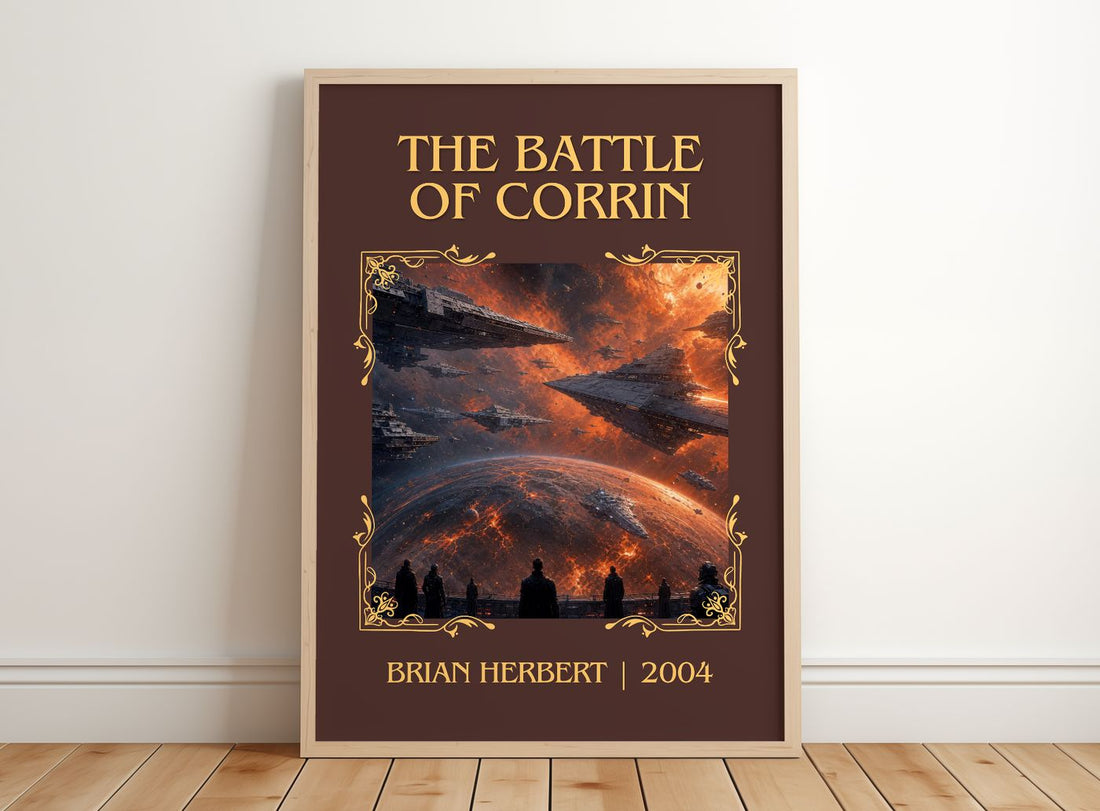 The Battle of Corrin Classic Book Art Print by Brian Herbert – framed print leaning on a wooden floor