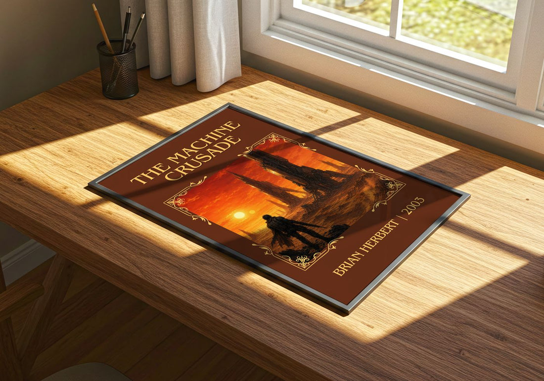 The Machine Crusade Classic Book Art Print by Brian Herbert – print on a sunlit desk