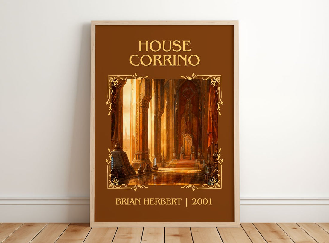 House Corrino Classic Book Art Print by Brian Herbert – framed print leaning on a wooden floor