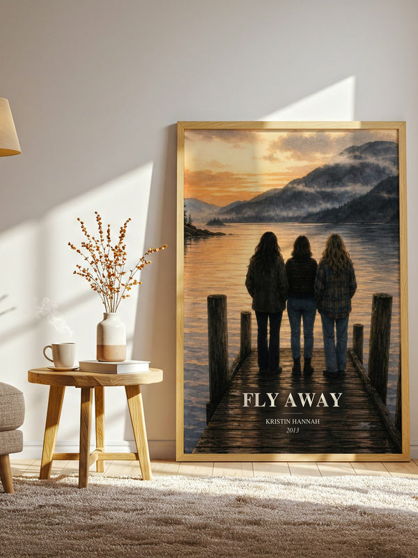 Fly Away watercolour print in frame leaning in hallway – contemporary fiction wall art