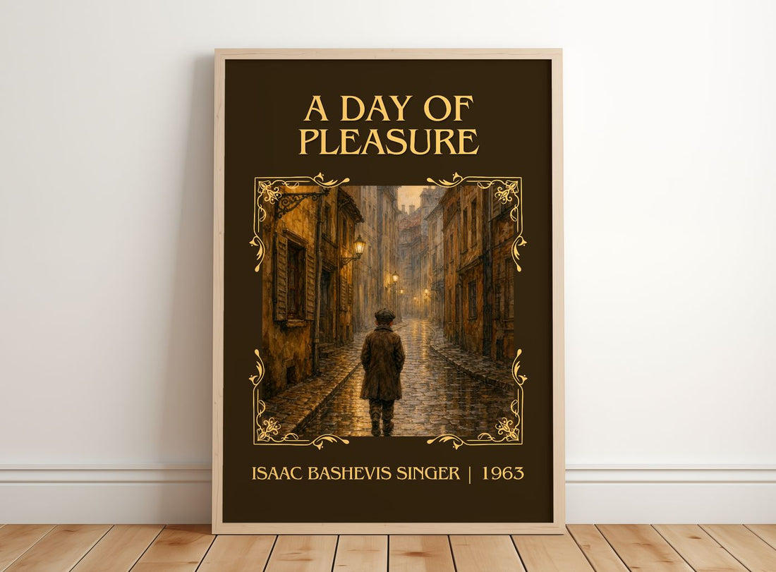 A day of pleasure Classic Book Art Print by Isaac Bashevis Singer – framed print leaning on a wooden floor