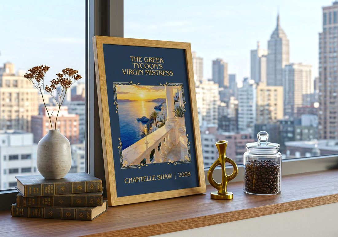 Greek Tycoon's Virgin Mistress Classic Book Art Print by C. Shaw – framed print on a city-view windowsill