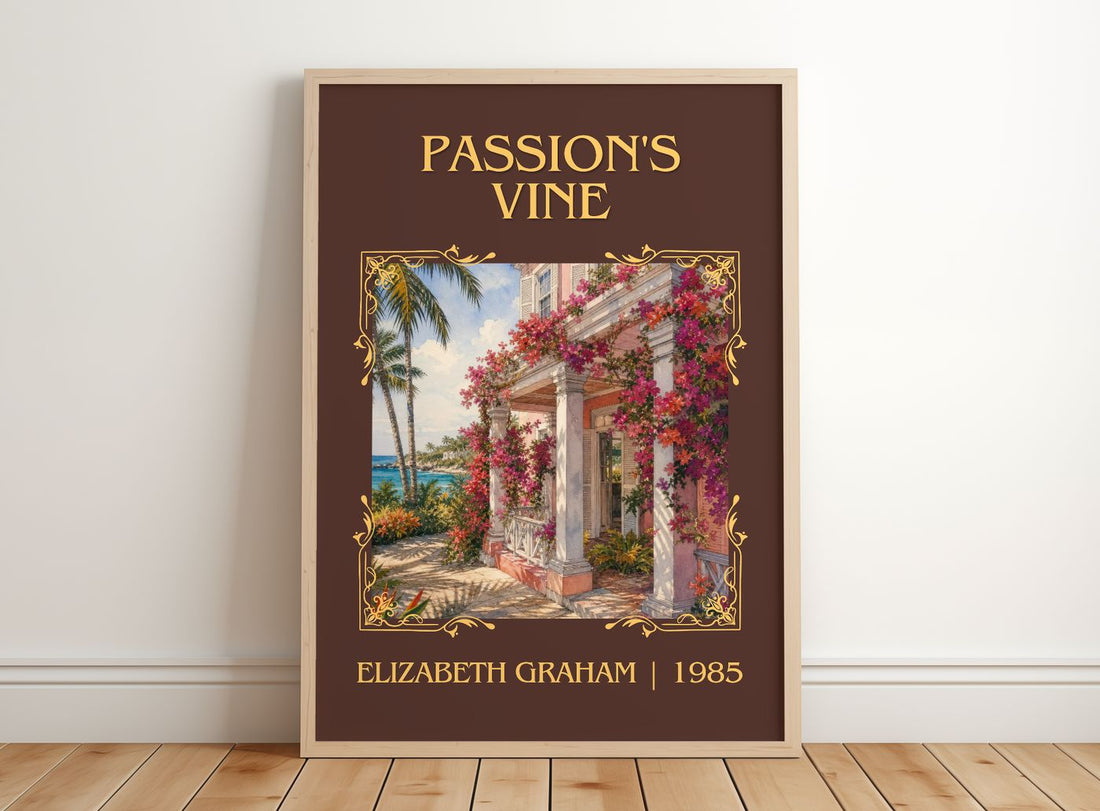Passion's Vine Classic Book Art Print by Elizabeth Graham – framed print leaning on a wooden floor
