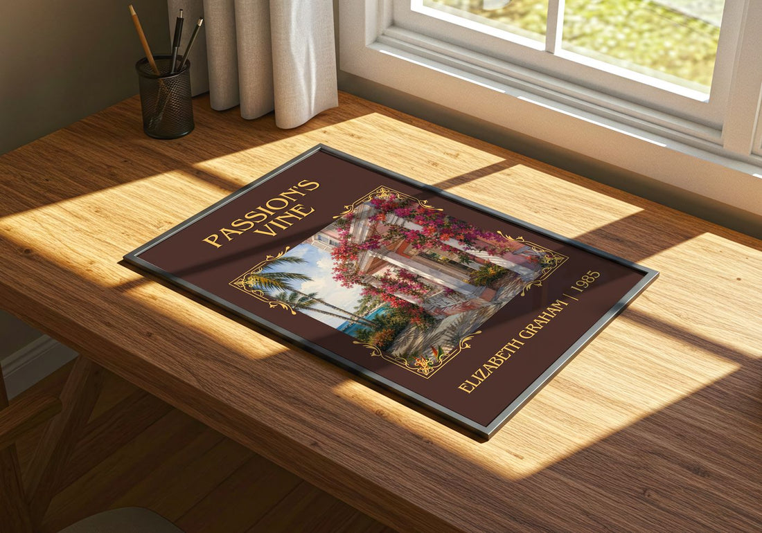 Passion's Vine Classic Book Art Print by Elizabeth Graham – print on a sunlit desk