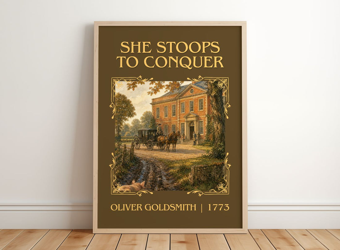 She Stoops To Conquer Classic Book Art Print by Oliver Goldsmith – framed print leaning on a wooden floor