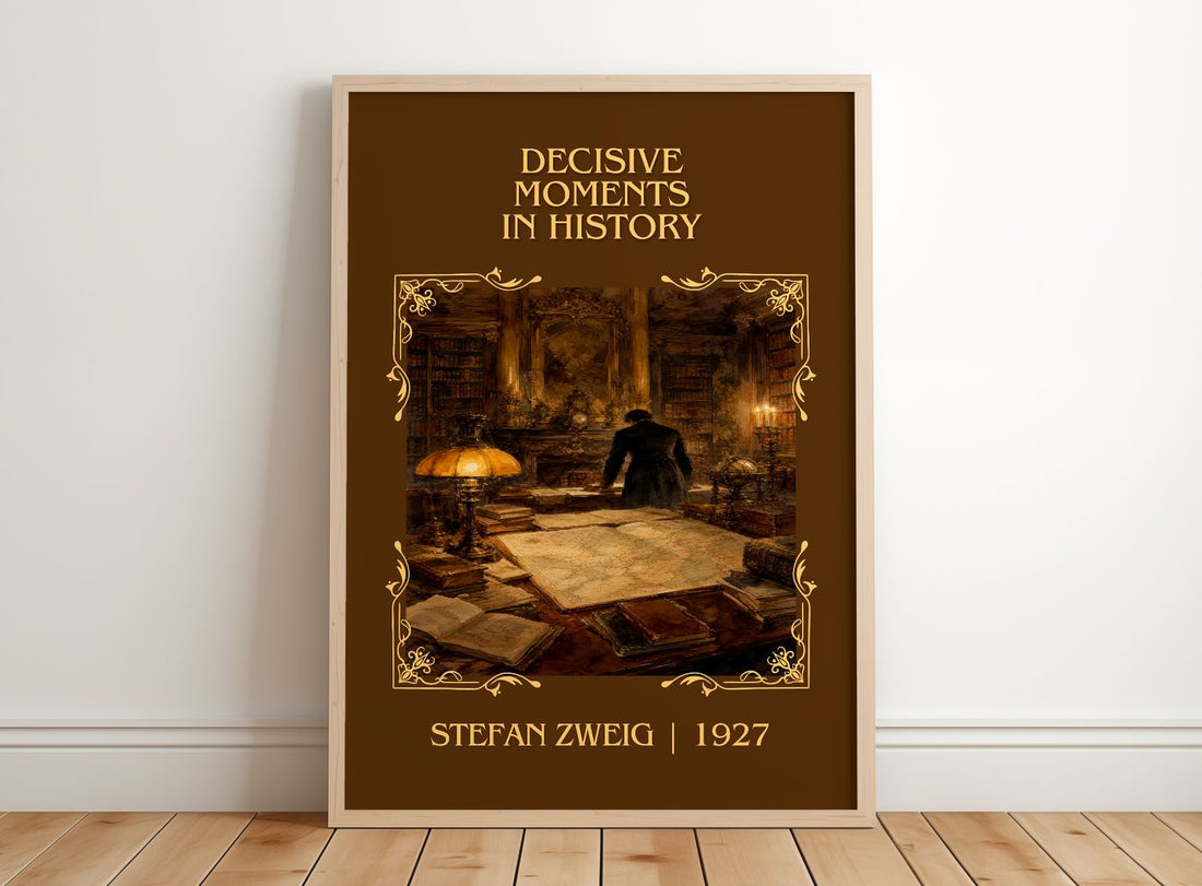 Decisive moments in history Classic Book Art Print by Stefan Zweig – framed print leaning on a wooden floor