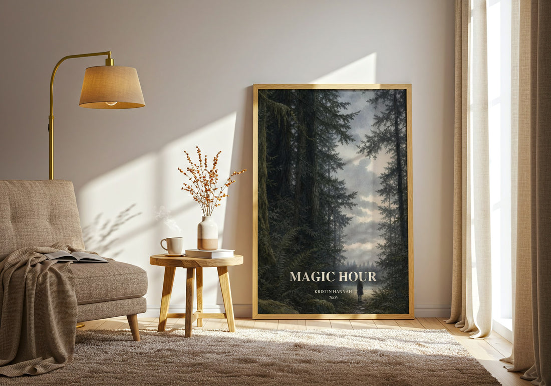 Magic Hour watercolour print in frame leaning in hallway – literary fiction wall art (mockup)