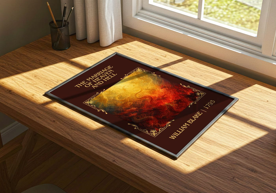 marriage of Heaven and Hell Classic Book Art Print by William Blake – print on a sunlit desk