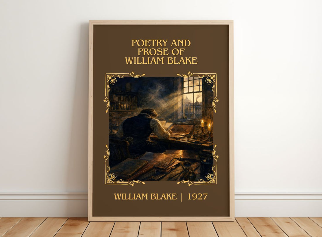 Poetry and prose of William Blake Classic Book Art Print by W. Blake – framed print leaning on a wooden floor