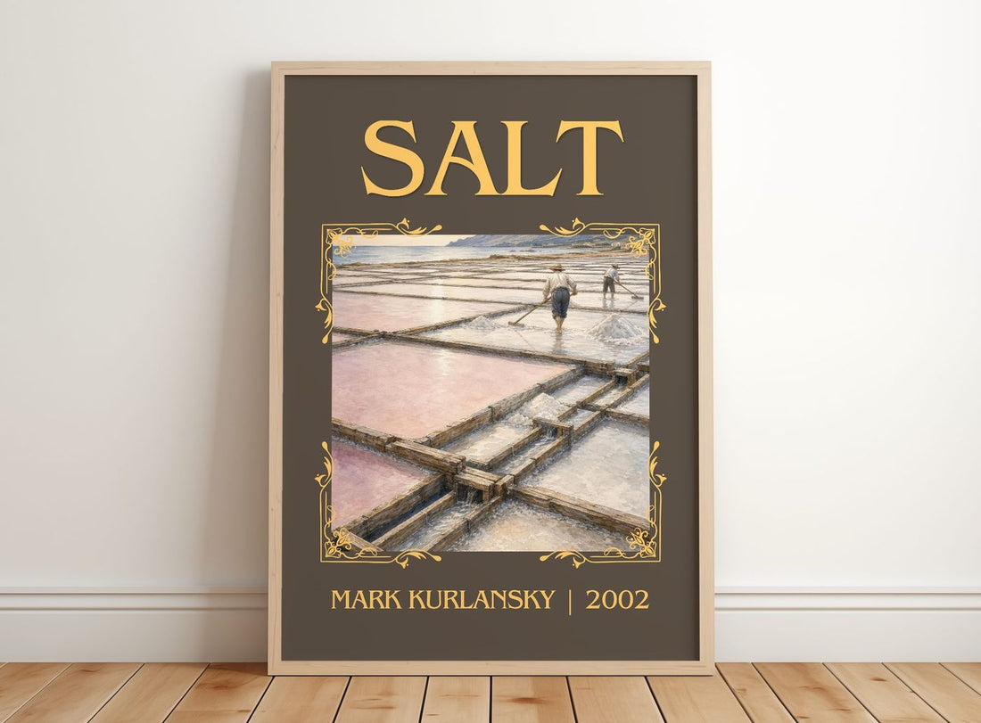 Salt Classic Book Art Print by Mark Kurlansky – framed print leaning on a wooden floor