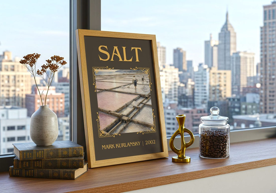 Salt Classic Book Art Print by Mark Kurlansky – framed print on a city-view windowsill