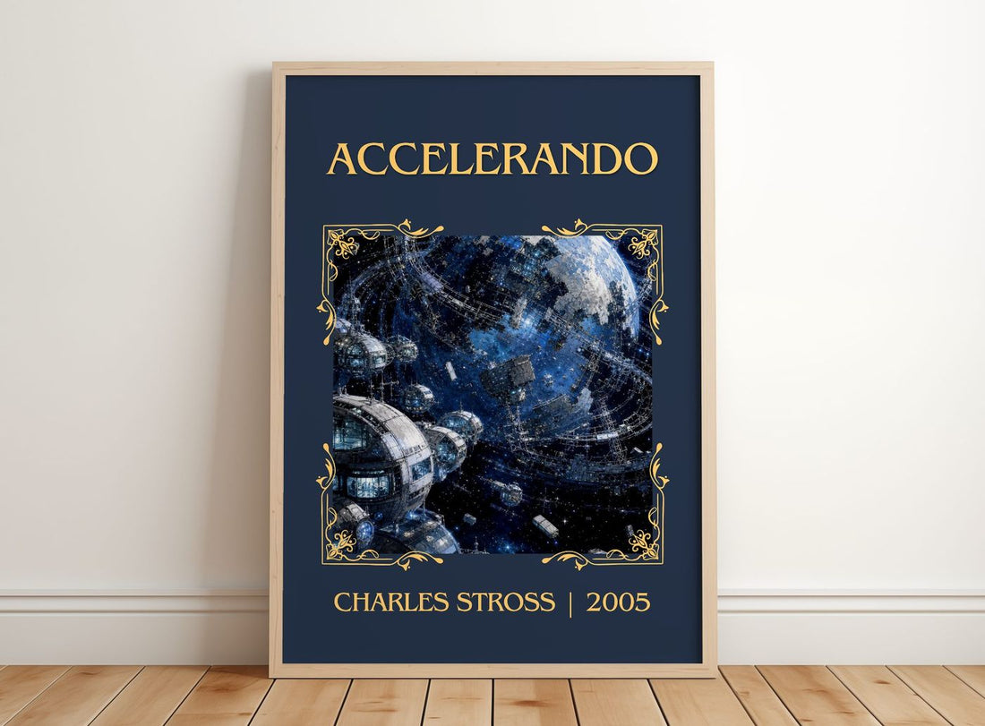 Accelerando Classic Book Art Print by Charles Stross – framed print leaning on a wooden floor