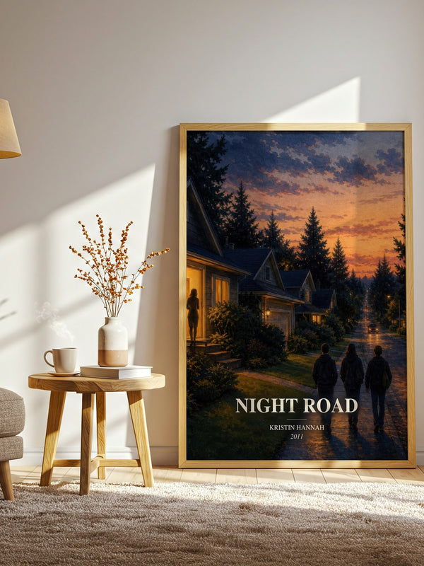 Night Road watercolour print in frame leaning in hallway – contemporary fiction wall art