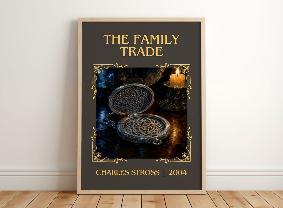 The family trade Classic Book Art Print by Charles Stross – framed print leaning on a wooden floor
