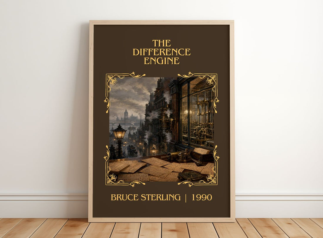 The Difference Engine Classic Book Art Print by Bruce Sterling – framed print leaning on a wooden floor