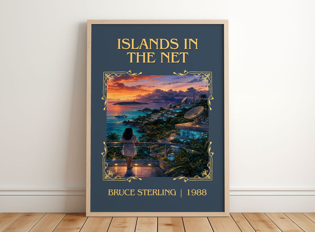 Islands in the Net Classic Book Art Print by Bruce Sterling – framed print leaning on a wooden floor