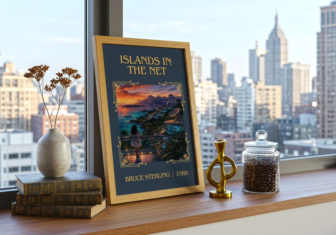 Islands in the Net Classic Book Art Print by Bruce Sterling – framed print on a city-view windowsill