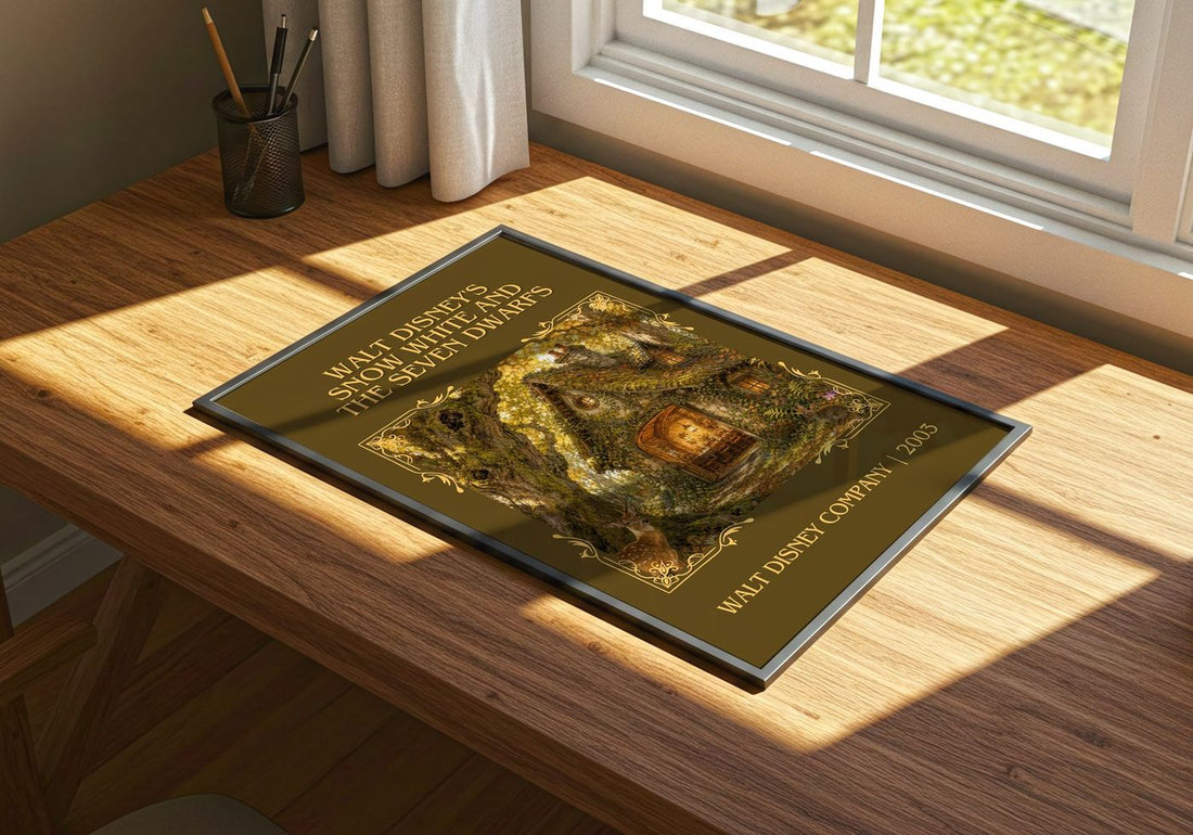 Walt Disney's Snow White and the seven dwarfs Classic Book Art Print by Walt Disney Company – print on a sunlit desk