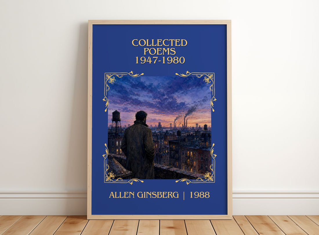 Collected Poems 1947-1980 Classic Book Art Print by Allen Ginsberg – framed print leaning on a wooden floor