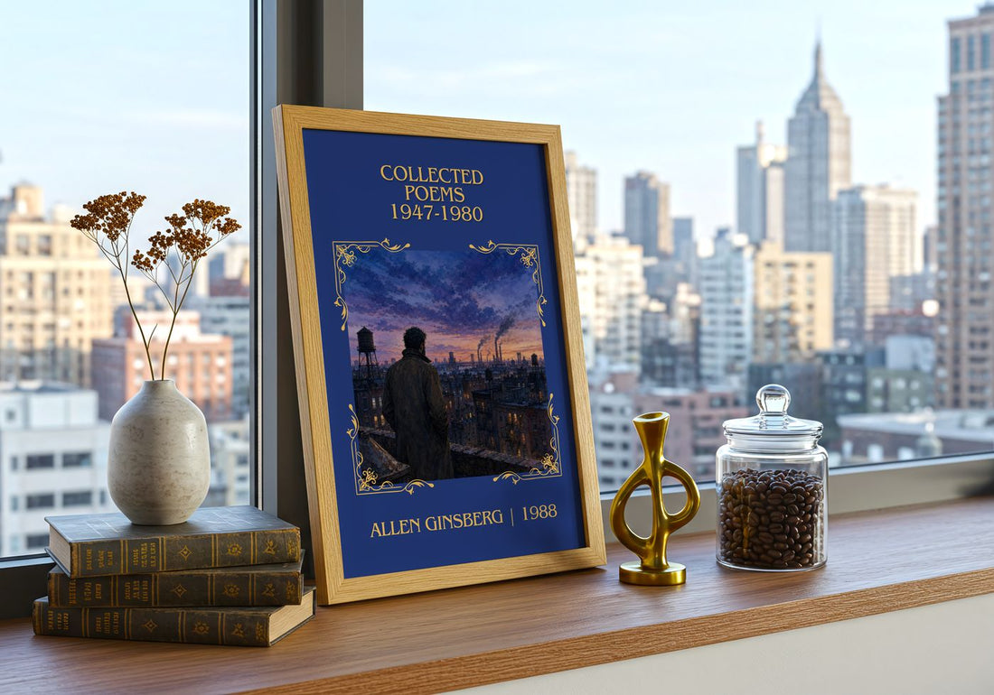 Collected Poems 1947-1980 Classic Book Art Print by Allen Ginsberg – framed print on a city-view windowsill