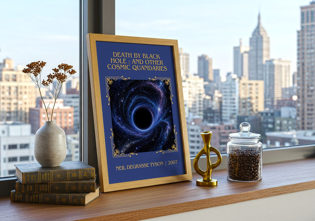 Death by black hole : and other cosmic quandaries Classic Book Art Print by Neil deGrasse Tyson – framed print on a city-view windowsill