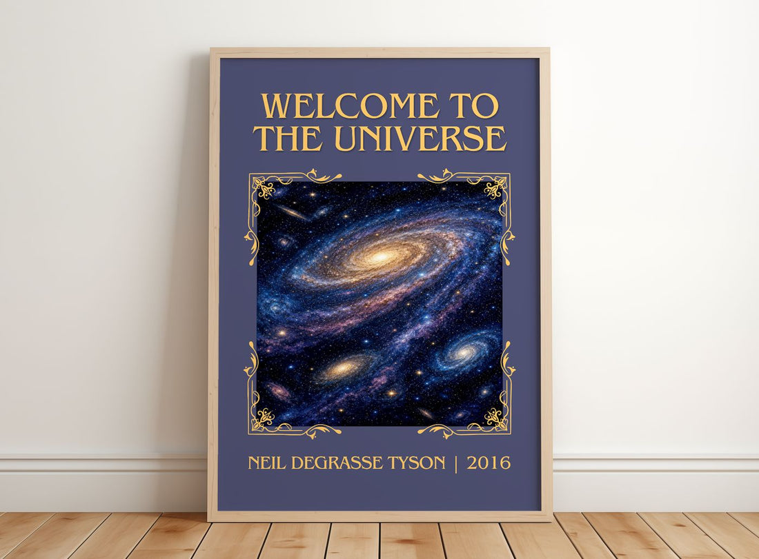 Welcome to the Universe Classic Book Art Print by Neil deGrasse Tyson – framed print leaning on a wooden floor