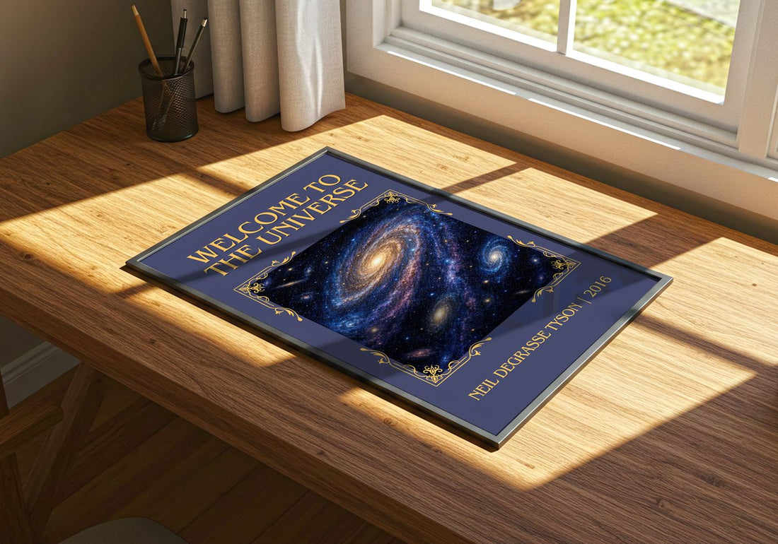 Welcome to the Universe Classic Book Art Print by Neil deGrasse Tyson – print on a sunlit desk