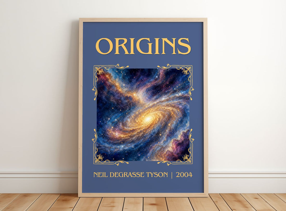 Origins Classic Book Art Print by Neil deGrasse Tyson – framed print leaning on a wooden floor