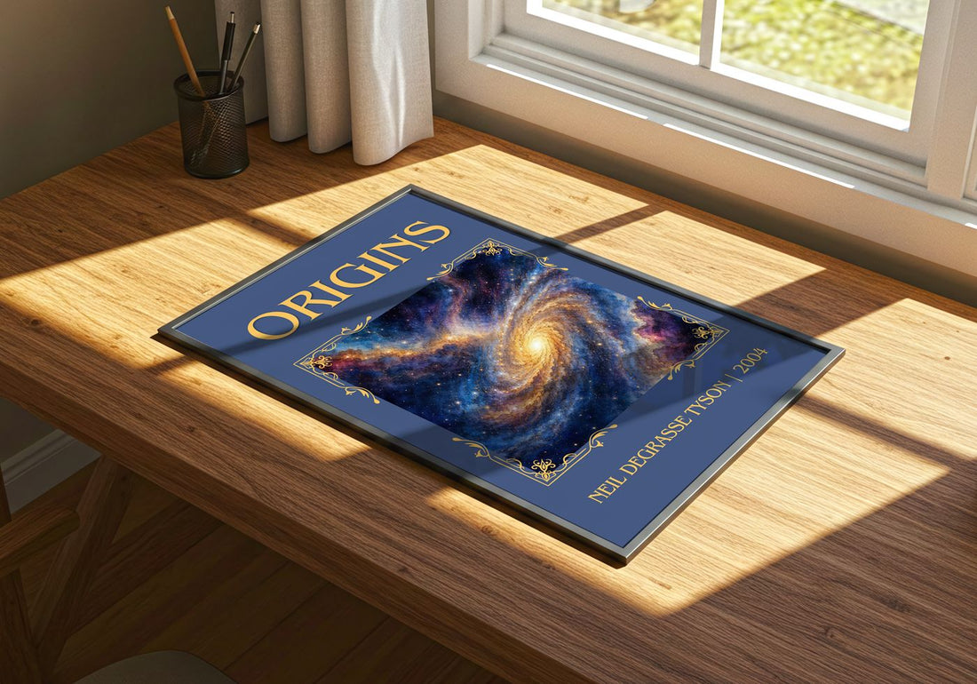 Origins Classic Book Art Print by Neil deGrasse Tyson – print on a sunlit desk