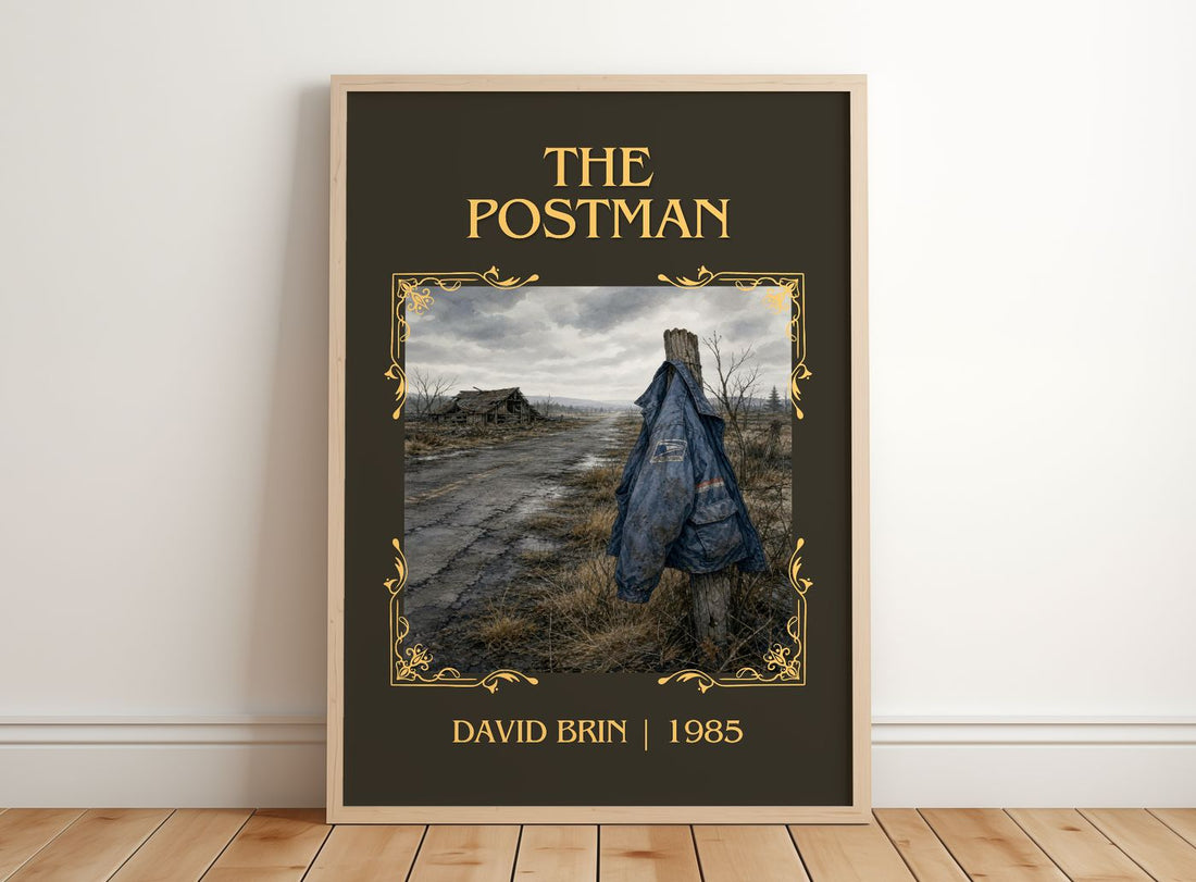 The Postman Classic Book Art Print by David Brin – framed print leaning on a wooden floor