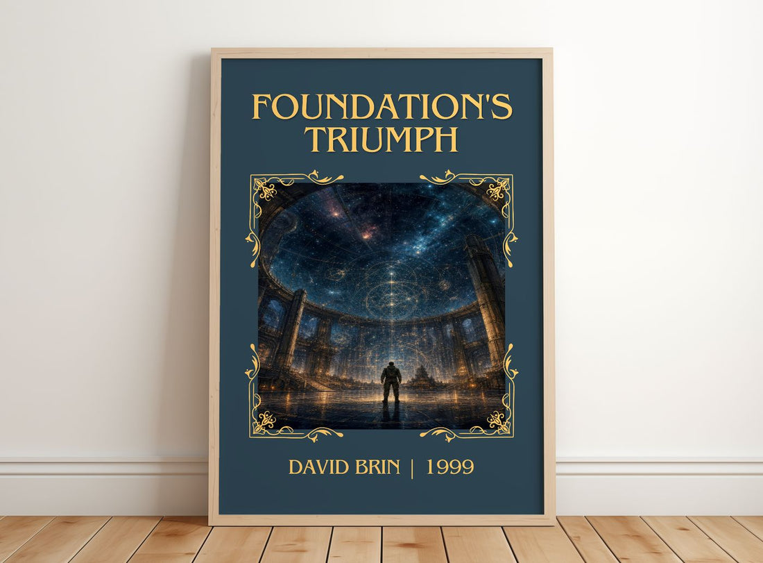 Foundation's Triumph Classic Book Art Print by David Brin – framed print leaning on a wooden floor