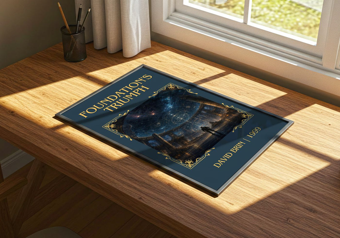 Foundation's Triumph Classic Book Art Print by David Brin – print on a sunlit desk