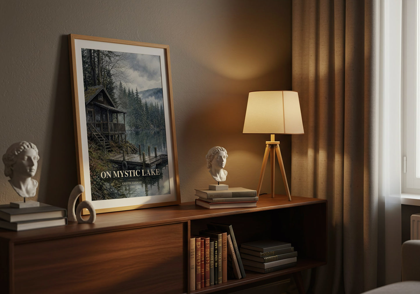On Mystic Lake watercolour print on bookshelf – Kristin Hannah fan gift