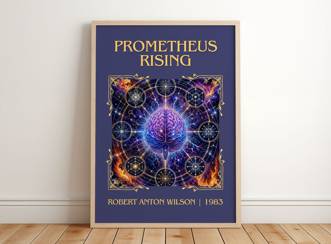 Prometheus Rising Classic Book Art Print by Robert Anton Wilson – framed print leaning on a wooden floor