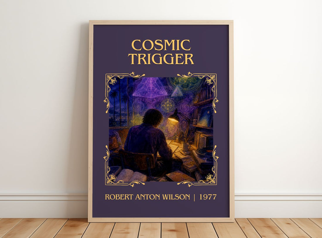 Cosmic Trigger Classic Book Art Print by Robert Anton Wilson – framed print leaning on a wooden floor